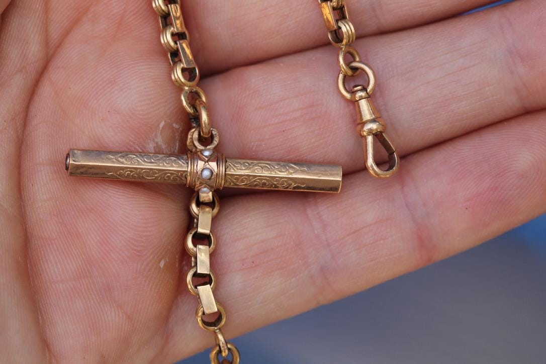 Antique 18ct Gold French Albert Chain | Seed Pearl T-Bar | Watch Key | Victorian
