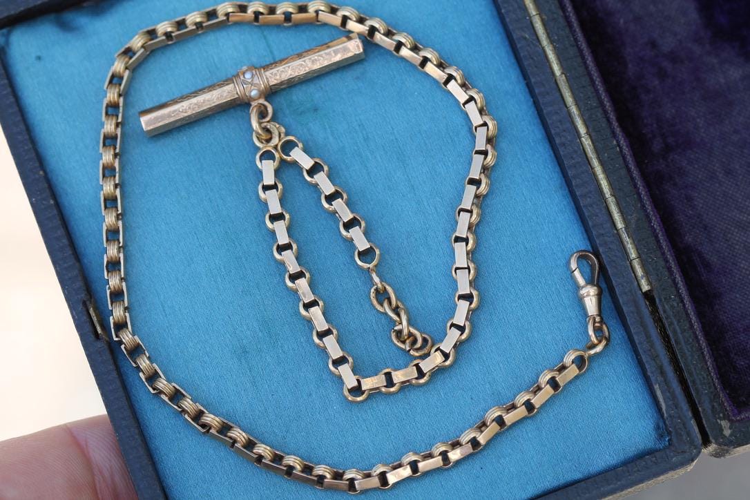 Antique 18ct Gold French Albert Chain | Seed Pearl T-Bar | Watch Key | Victorian