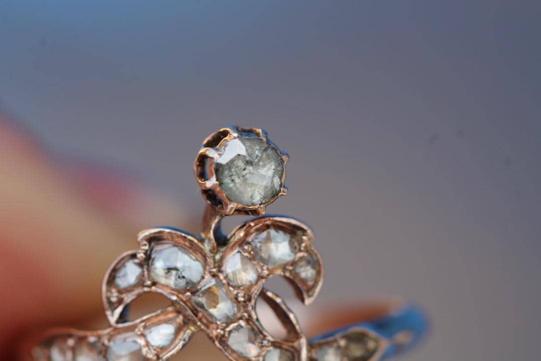 Antique-9ct-Gold-Georgian-Diamond-Ring-|-Shamrock-&-Floral-Design-|-c.1830