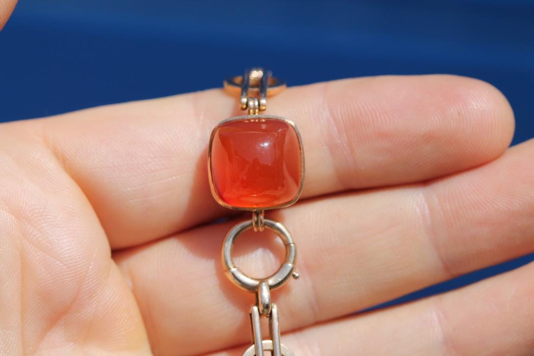 Antique 15ct Gold Bracelet | Sugarloaf Agate, Quatrefoil Links | Edwardian