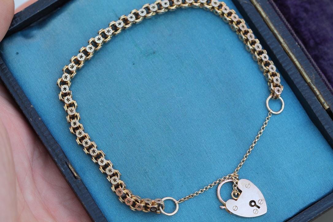 Antique 9ct Gold Star Link Bracelet | Heart Padlock | Safety Chain | Victorian