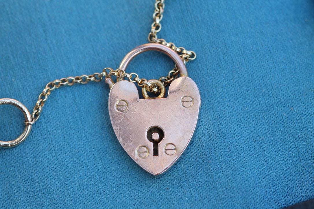 Antique 9ct Gold Star Link Bracelet | Heart Padlock | Safety Chain | Victorian