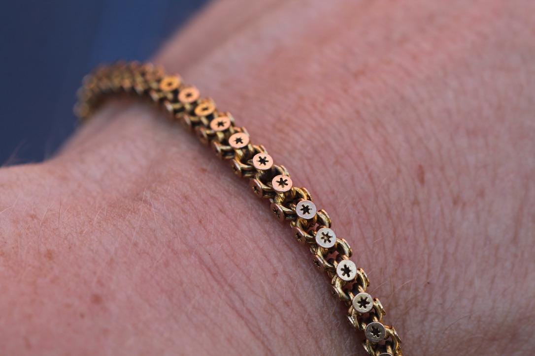 Antique-9ct-Gold-Star-Link-Bracelet-|-Heart-Padlock-|-Safety-Chain-|-Victorian