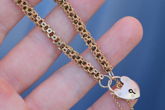 Antique 9ct Gold Star Link Bracelet | Heart Padlock | Safety Chain | Victorian