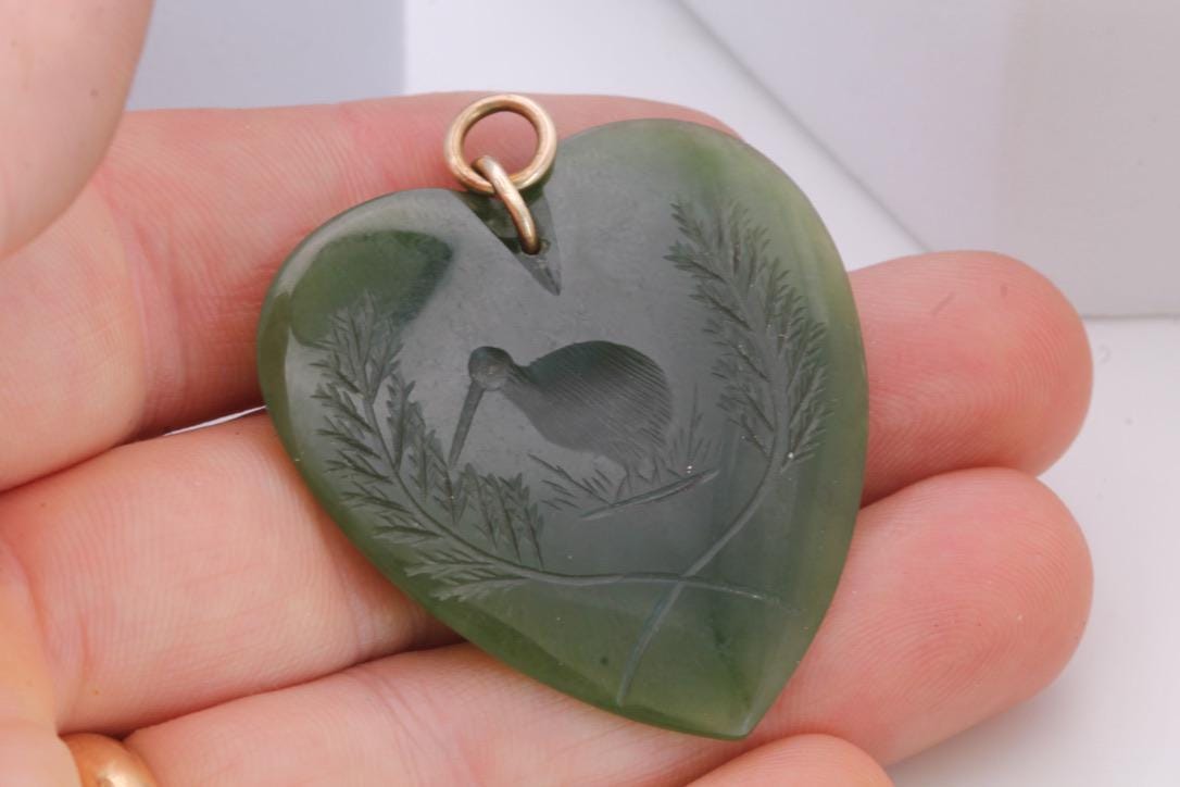 Antique New Zealand Nephrite Heart Pendant | Carved Kiwi Bird | c.1900