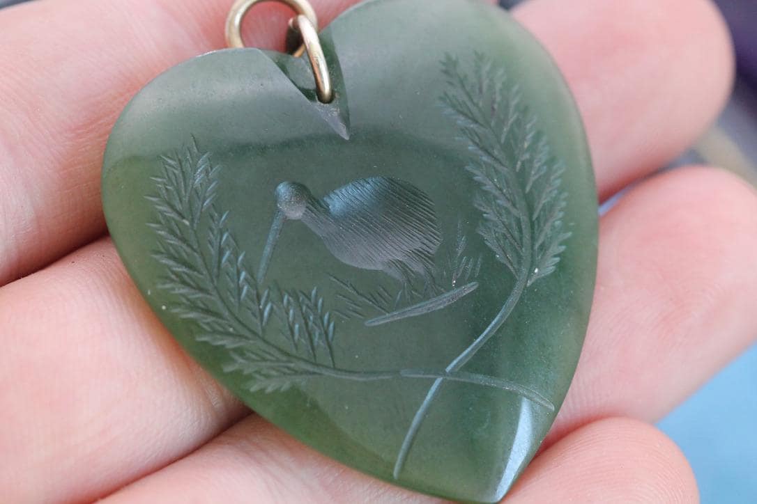 Antique New Zealand Nephrite Heart Pendant | Carved Kiwi Bird | c.1900