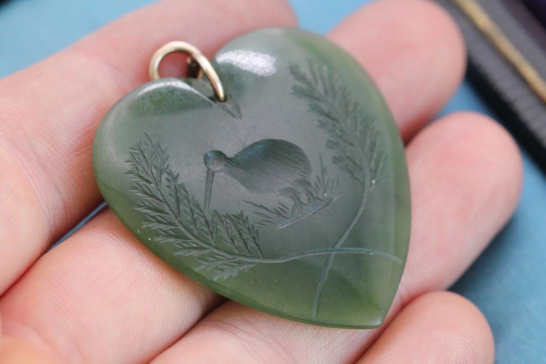 Antique New Zealand Nephrite Heart Pendant | Carved Kiwi Bird | c.1900