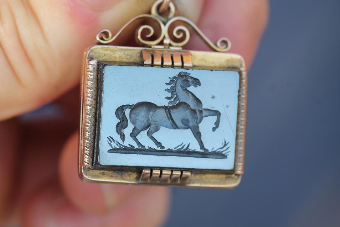 Victorian 12ct Gold Pendant | Carved Hematite Horse | Onyx Reverse | Opens as Locket | c.1860