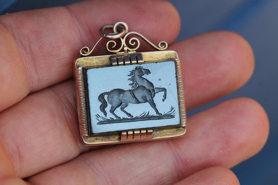 Victorian 12ct Gold Pendant | Carved Hematite Horse | Onyx Reverse | Opens as Locket | c.1860