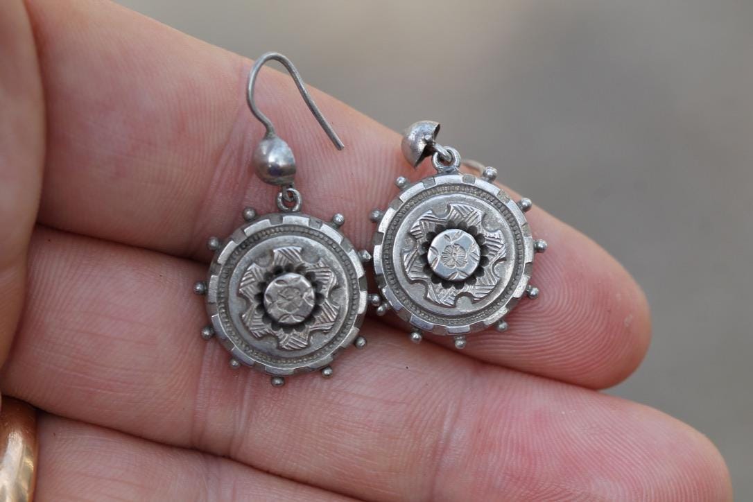 Antique Victorian Sterling Silver Drop Earrings | Chased Flower