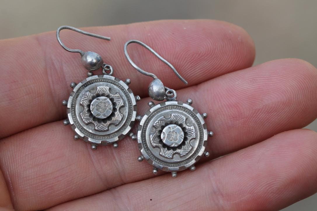 Antique Victorian Sterling Silver Drop Earrings | Chased Flower
