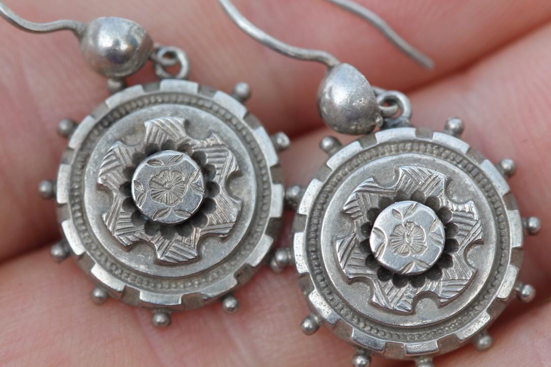 Antique Victorian Sterling Silver Drop Earrings | Chased Flower
