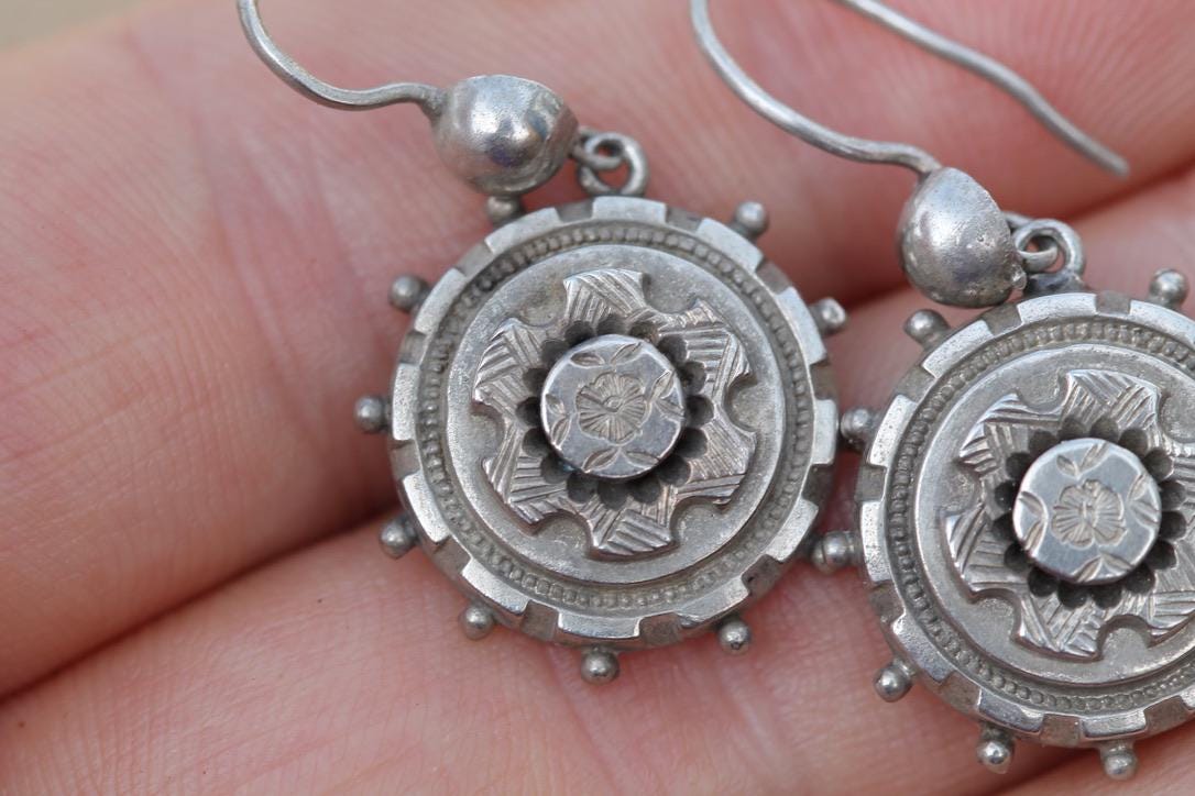 Antique Victorian Sterling Silver Drop Earrings | Chased Flower