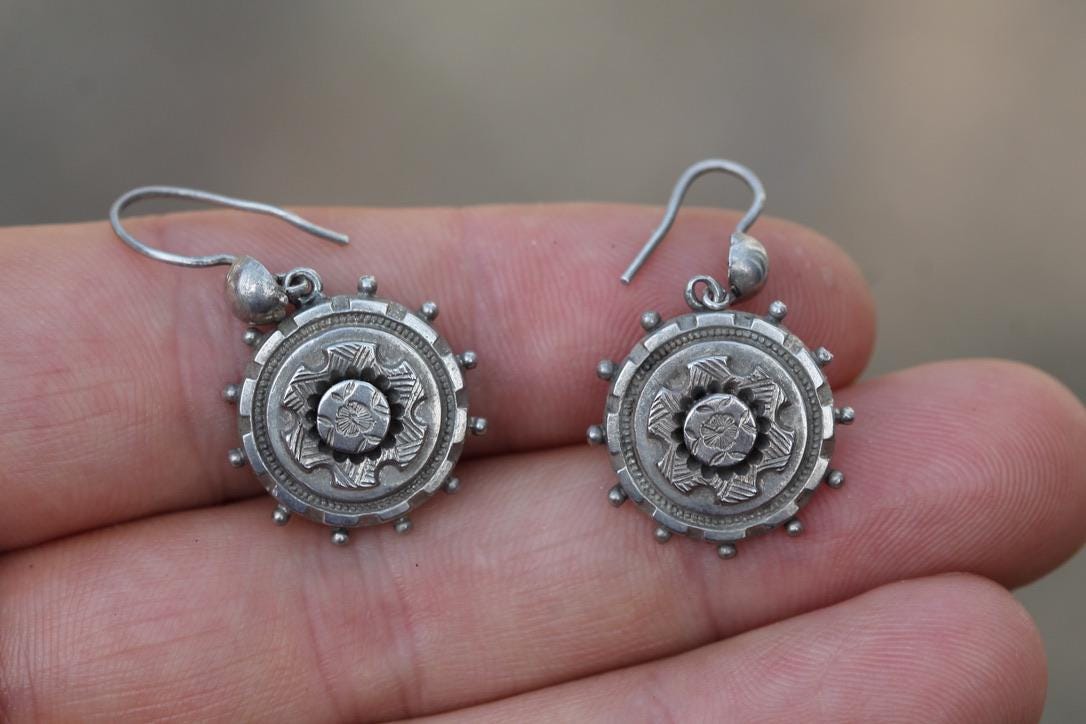 Antique Victorian Sterling Silver Drop Earrings | Chased Flower
