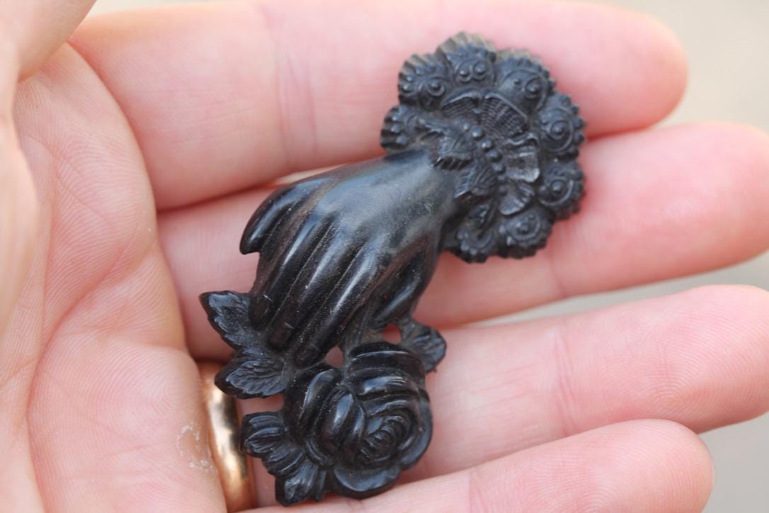 Victorian Whitby Jet Brooch | Carved Hand Holding Rose | c.1880
