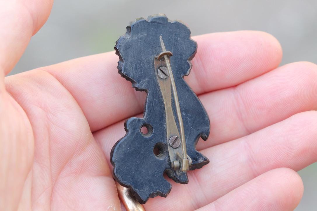 Victorian Whitby Jet Brooch | Carved Hand Holding Rose | c.1880