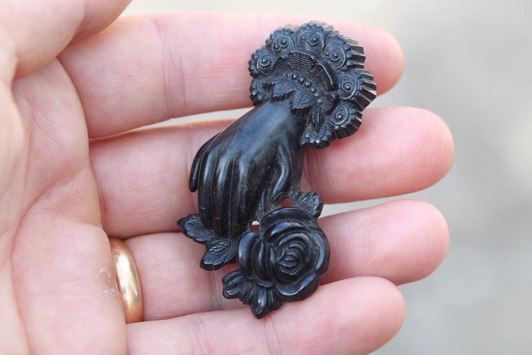 Victorian Whitby Jet Brooch | Carved Hand Holding Rose | c.1880