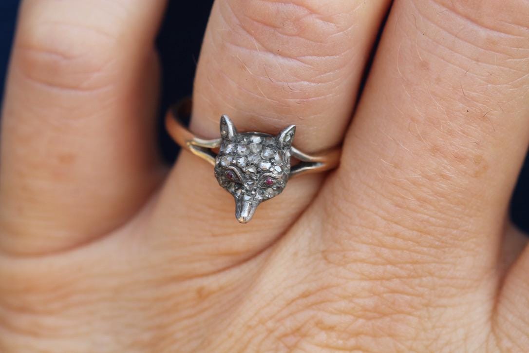 Victorian 9ct Gold Fox Head Ring | Silver Fox | Rose Cut Diamonds & Ruby Eyes