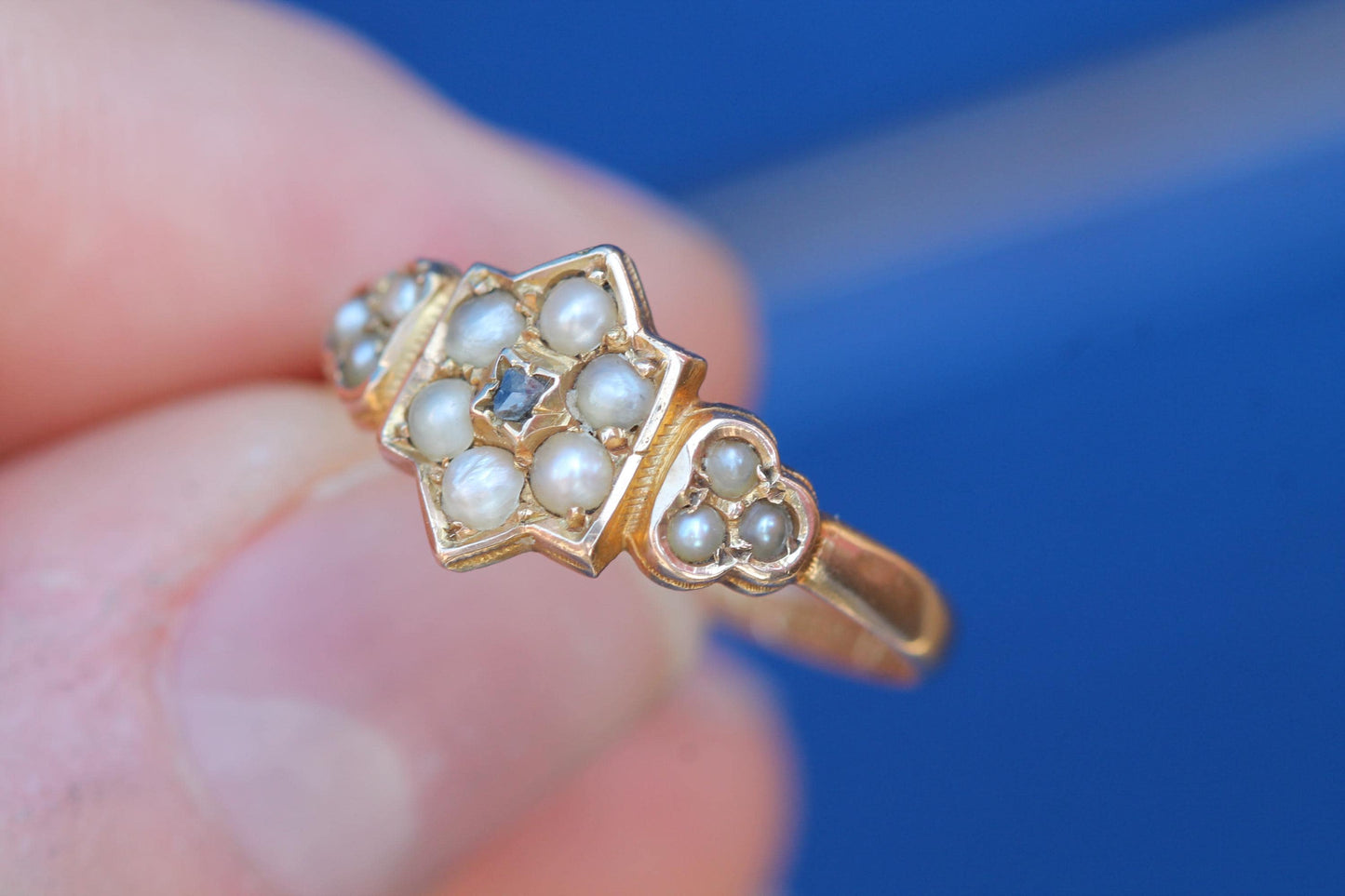 Antique 15ct Gold Pearl & Diamond Ring | Victorian Star Cluster Ring | 1876
