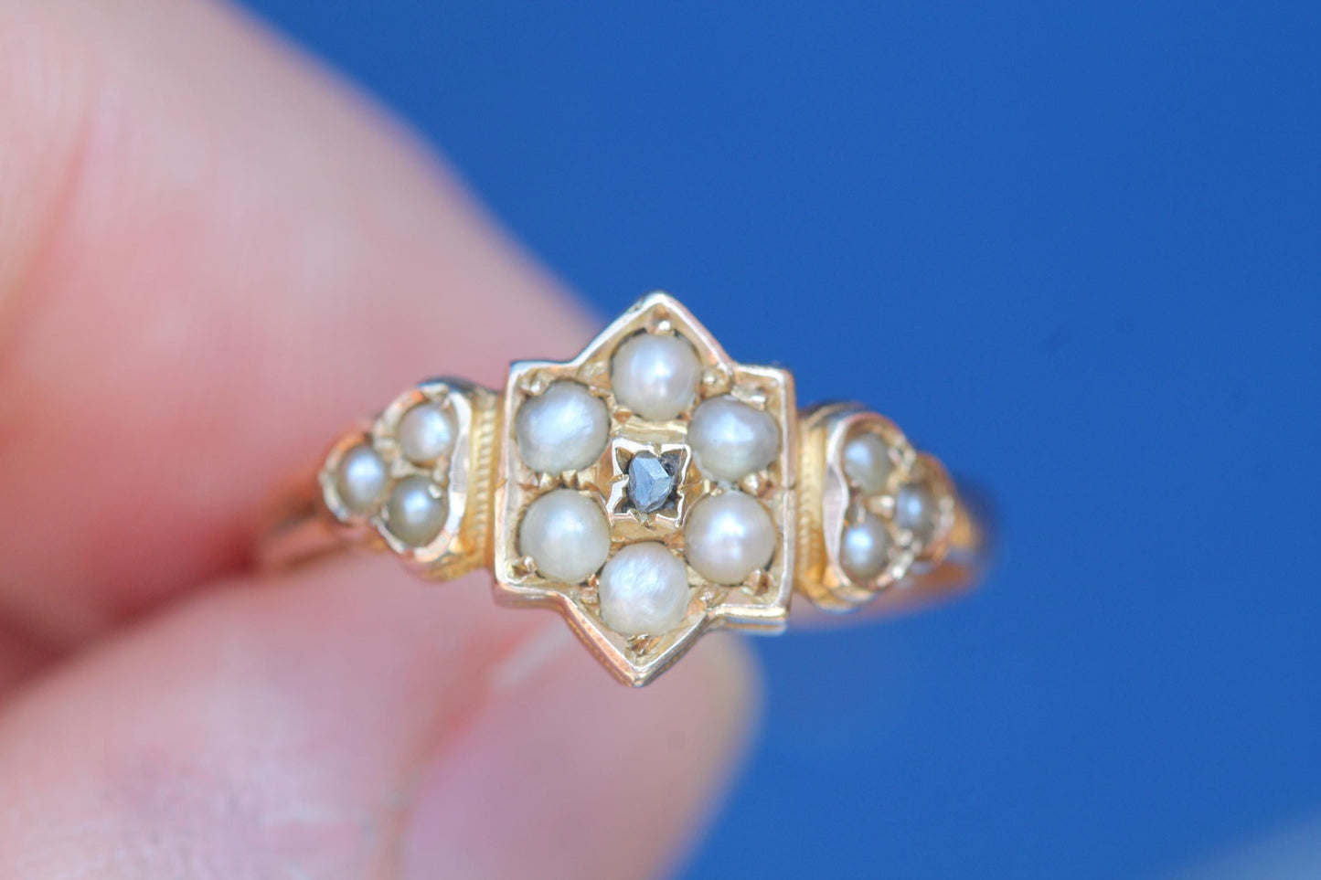 Antique 15ct Gold Pearl & Diamond Ring | Victorian Star Cluster Ring | 1876