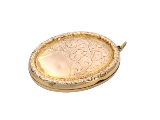 Antique 9ct Gold Locket | Victorian Oval Photo Locket | Engraved Floral Pendant