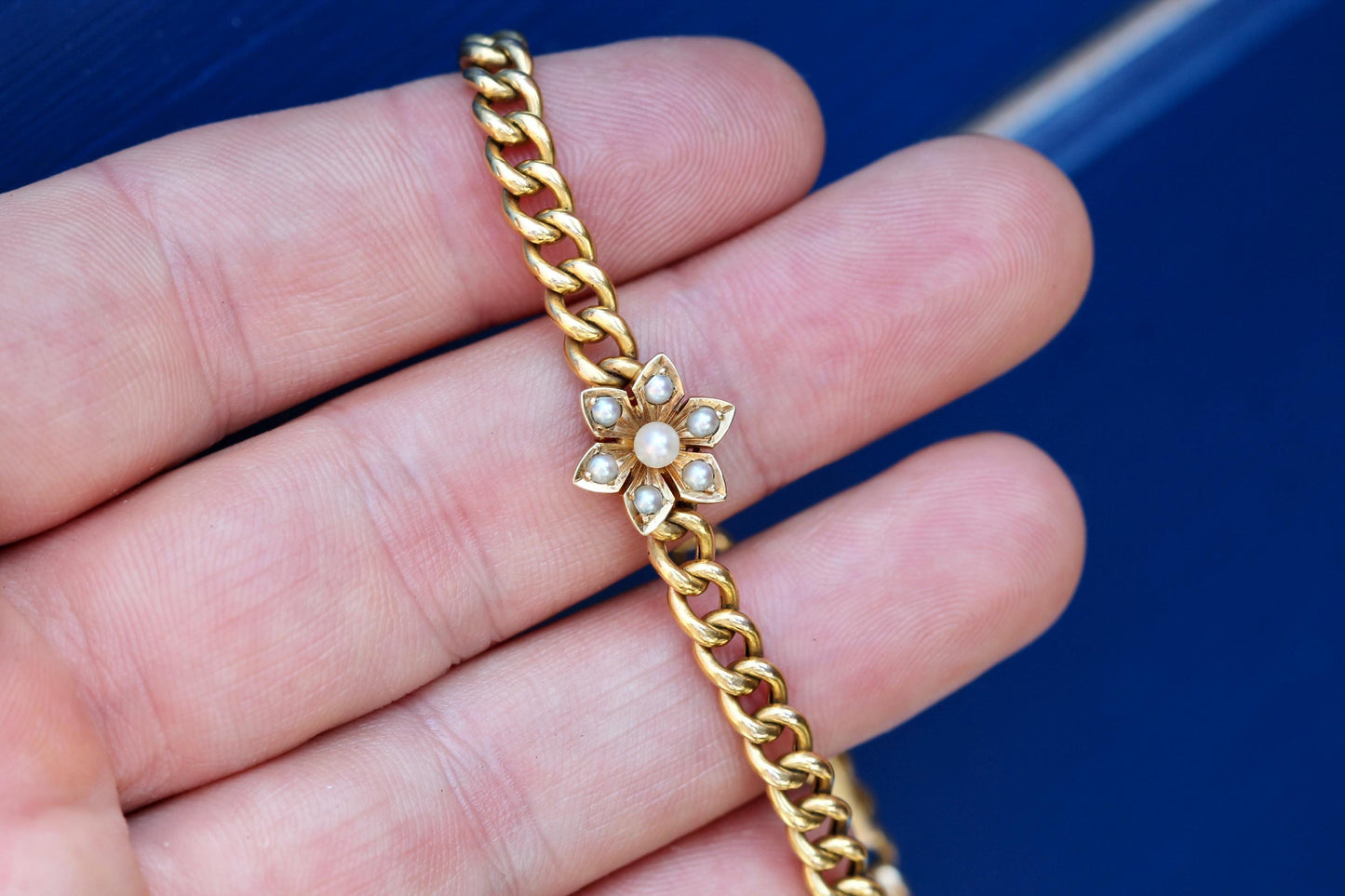 Antique Edwardian 15ct Gold Curb Link Bracelet | Pearl Flower Centrepiece | 6.75"