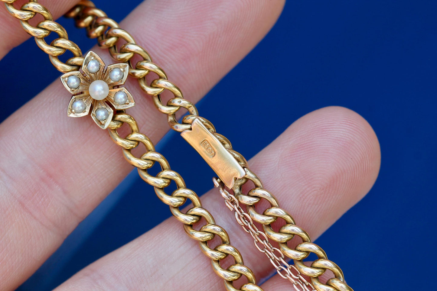 Antique Edwardian 15ct Gold Curb Link Bracelet | Pearl Flower Centrepiece | 6.75"