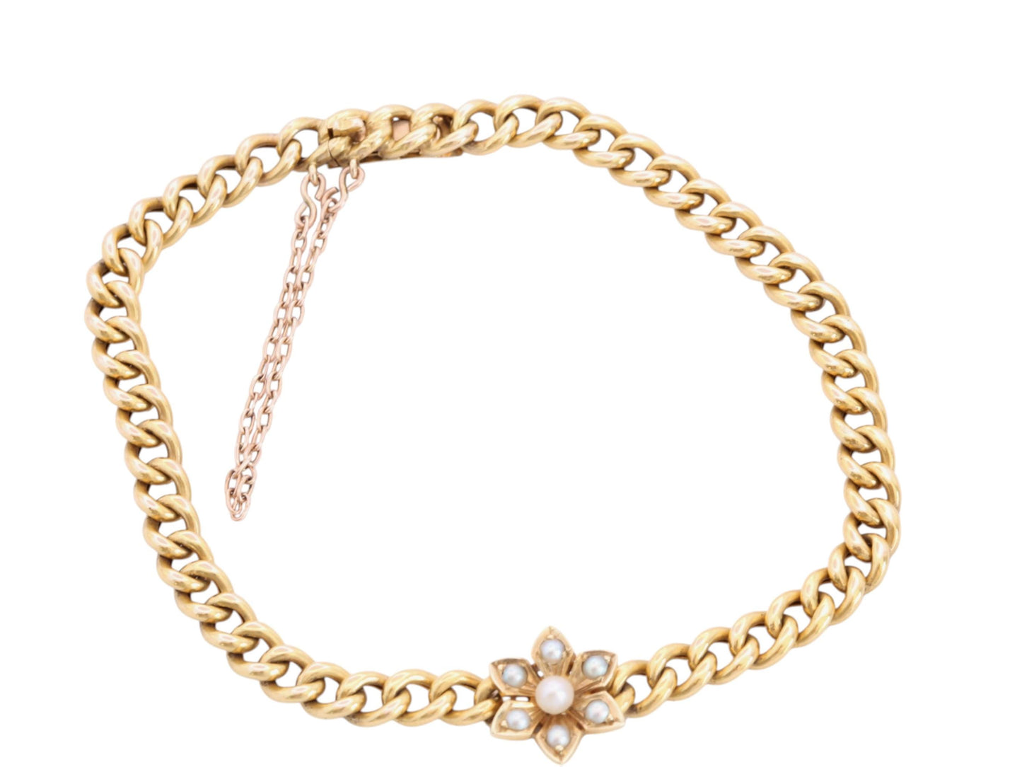 Antique Edwardian 15ct Gold Curb Link Bracelet | Pearl Flower Centrepiece | 6.75"