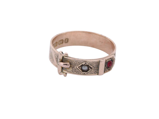Antique 9ct Gold Buckle Ring | Victorian Garnet & Pearl Ring | Engraved Belt Buckle Band | 1877