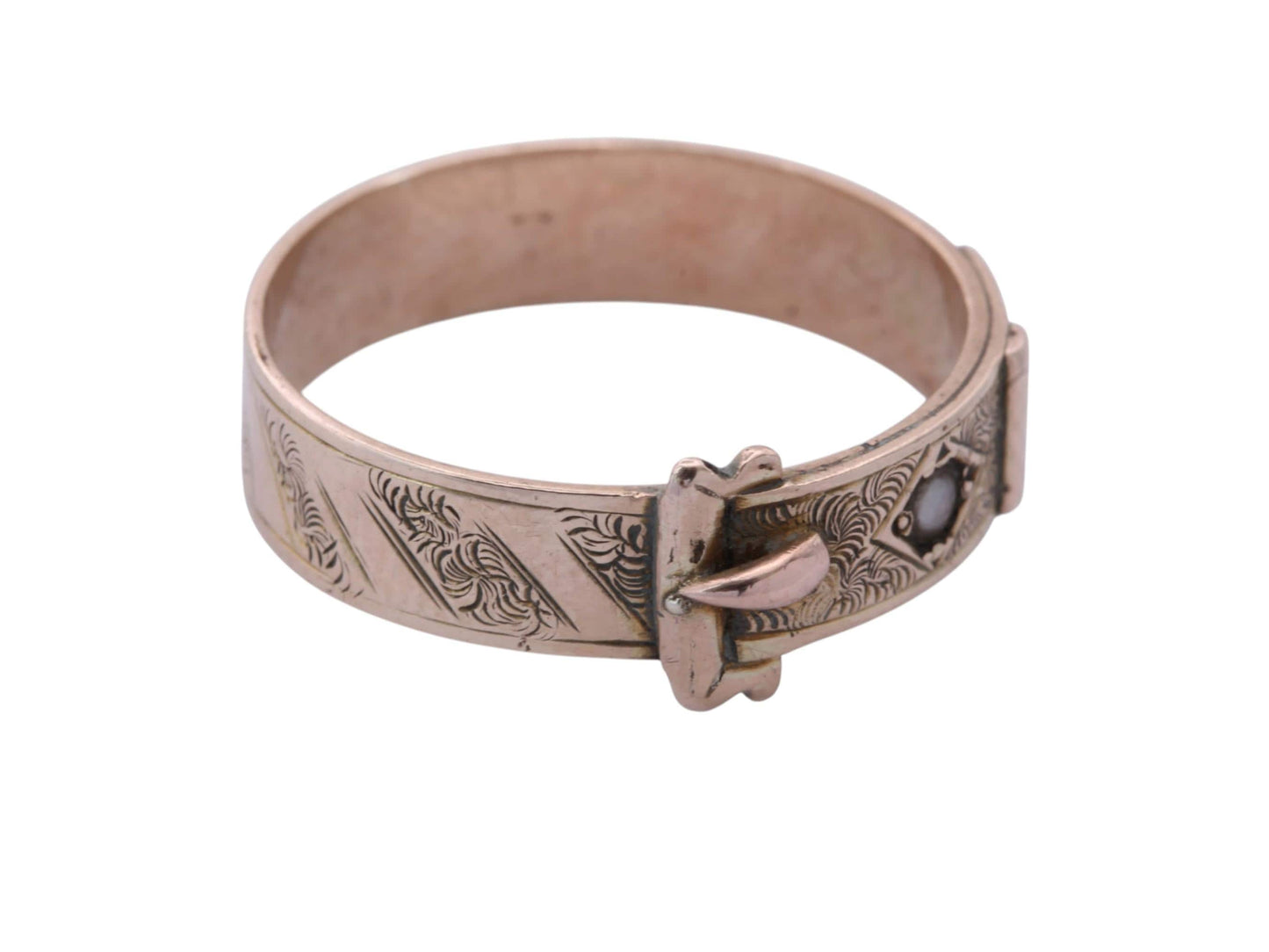 Antique 9ct Gold Buckle Ring | Victorian Garnet & Pearl Ring | Engraved Belt Buckle Band | 1877