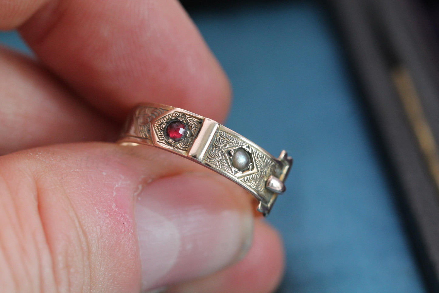 Antique 9ct Gold Buckle Ring | Victorian Garnet & Pearl Ring | Engraved Belt Buckle Band | 1877