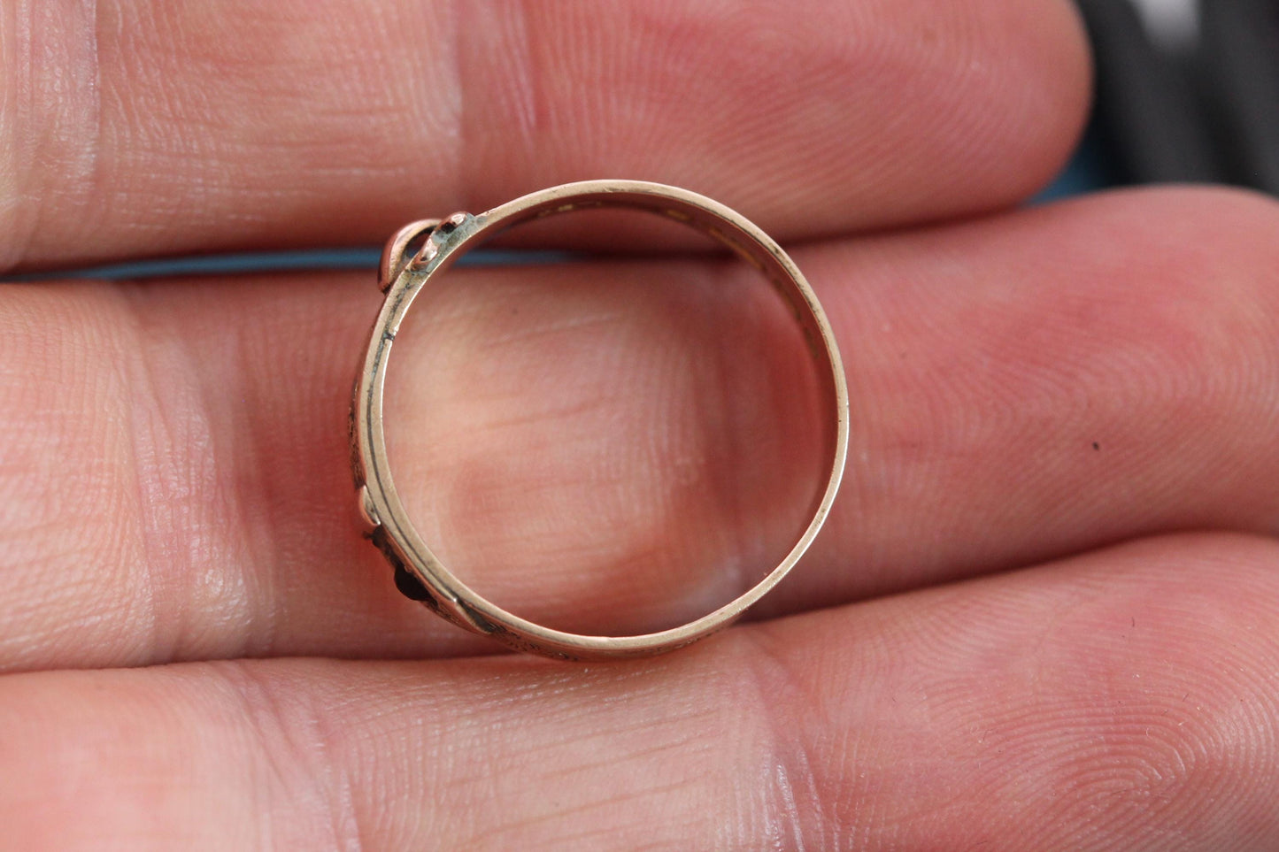 Antique 9ct Gold Buckle Ring | Victorian Garnet & Pearl Ring | Engraved Belt Buckle Band | 1877
