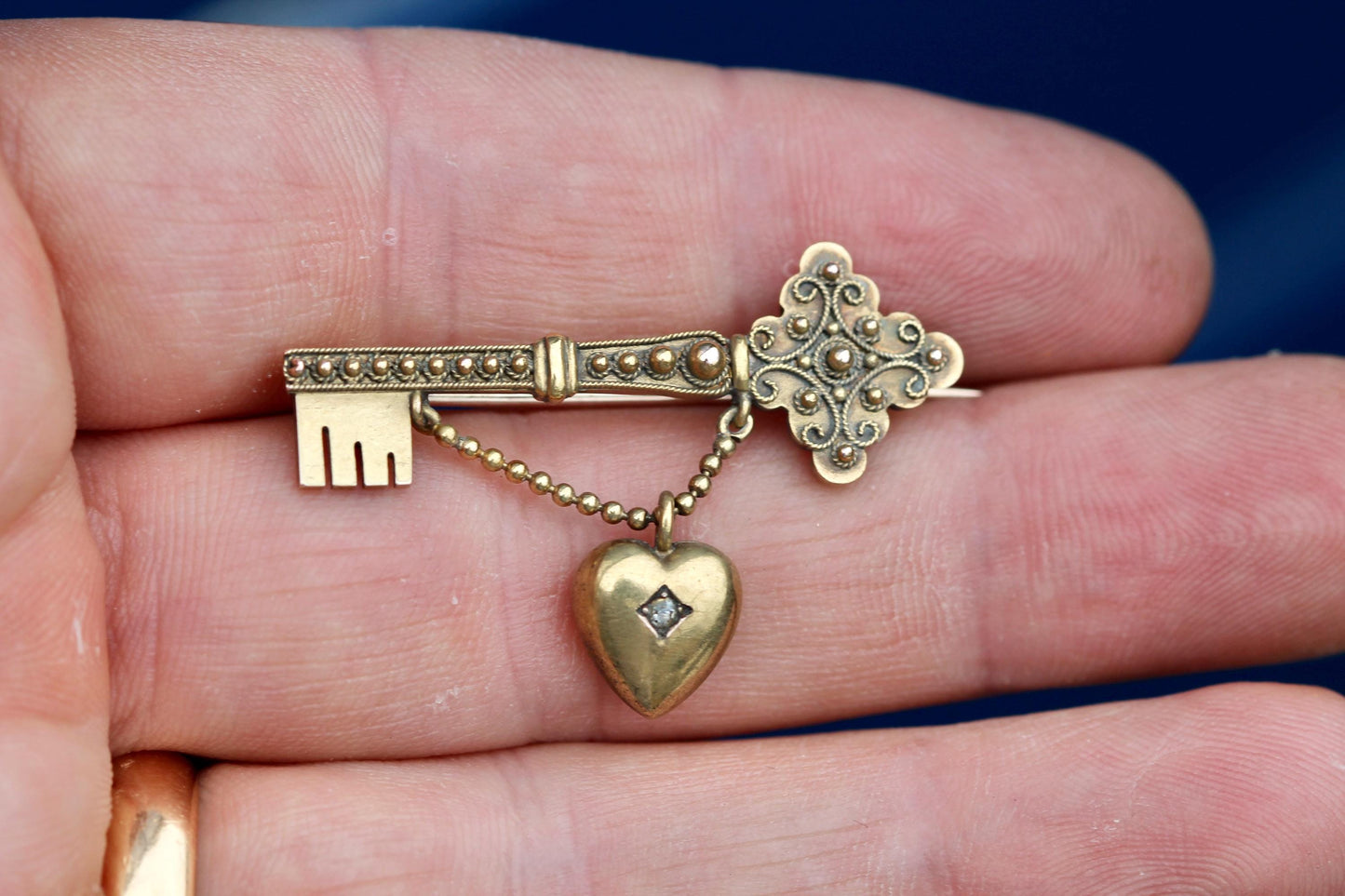 Antique 15ct Gold Key to My Heart Brooch | Edwardian Diamond Heart & Key Pin | Love Token