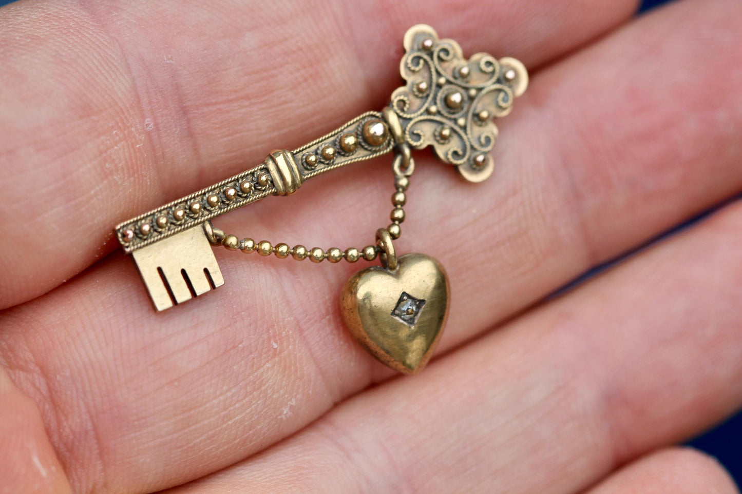 Antique 15ct Gold Key to My Heart Brooch | Edwardian Diamond Heart & Key Pin | Love Token
