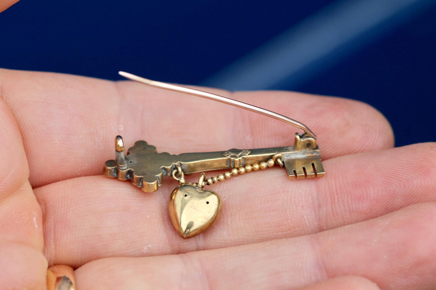 Antique 15ct Gold Key to My Heart Brooch | Edwardian Diamond Heart & Key Pin | Love Token