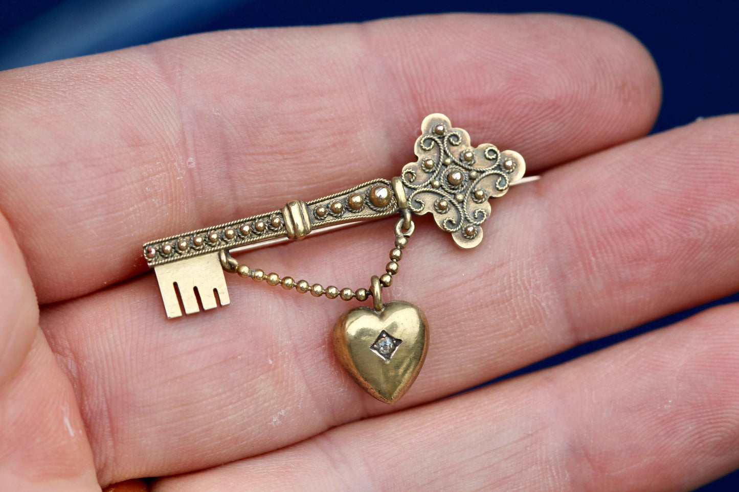 Antique 15ct Gold Key to My Heart Brooch | Edwardian Diamond Heart & Key Pin | Love Token