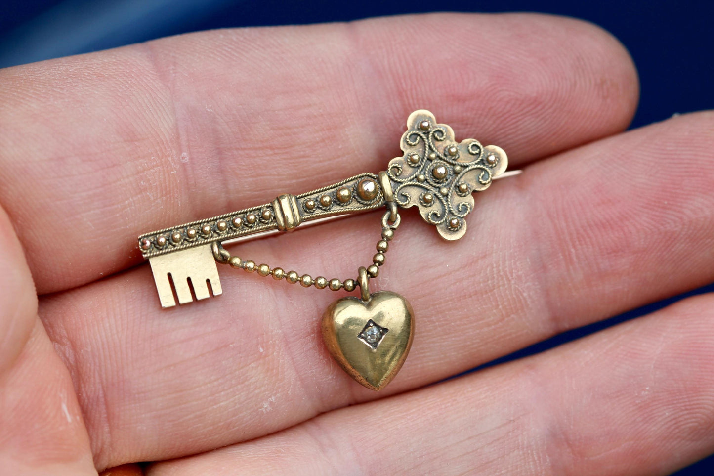 Antique 15ct Gold Key to My Heart Brooch | Edwardian Diamond Heart & Key Pin | Love Token