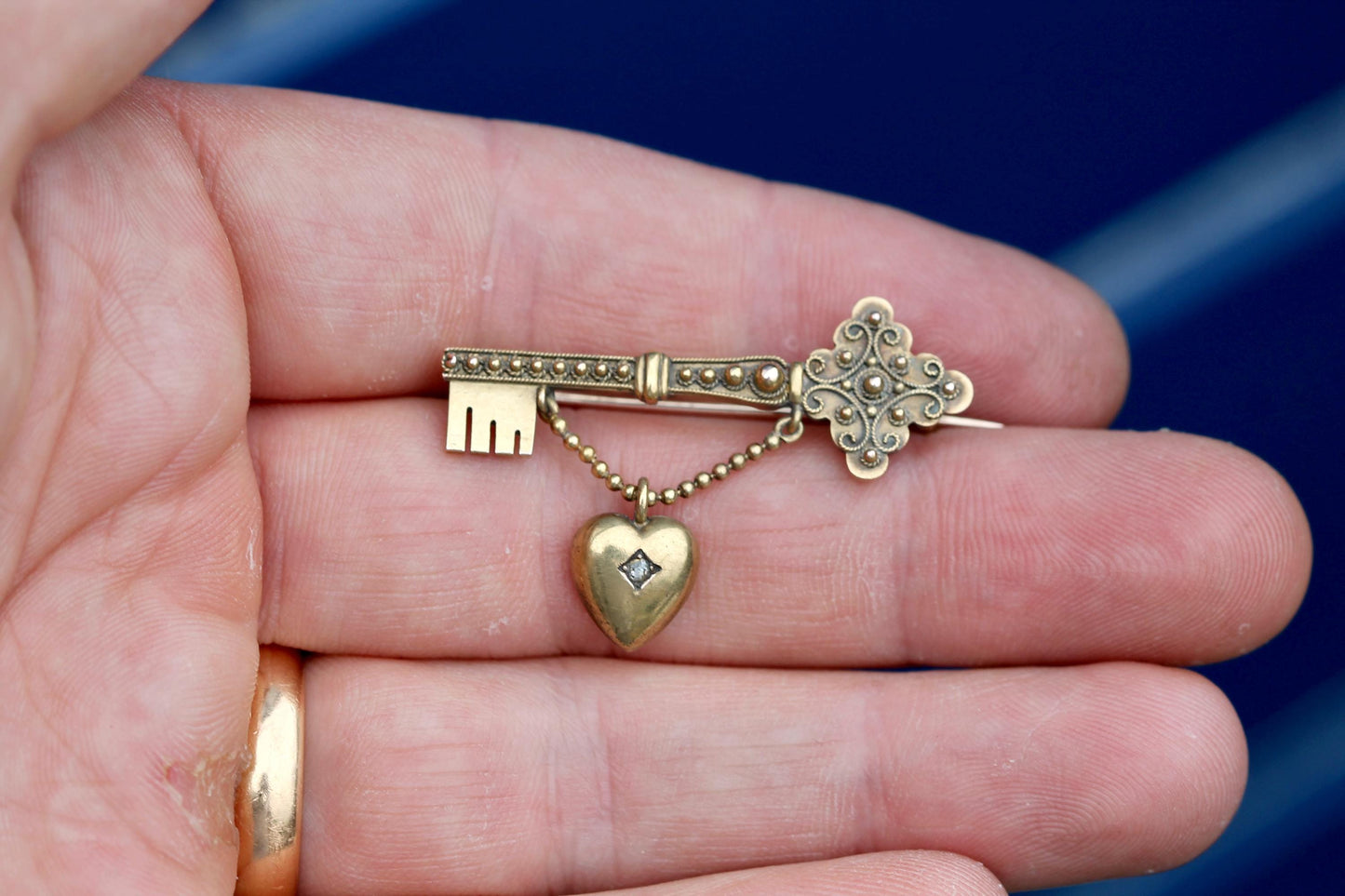 Antique 15ct Gold Key to My Heart Brooch | Edwardian Diamond Heart & Key Pin | Love Token
