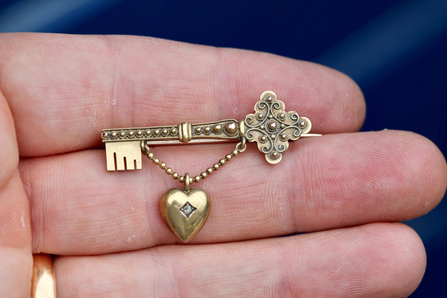 Antique 15ct Gold Key to My Heart Brooch | Edwardian Diamond Heart & Key Pin | Love Token