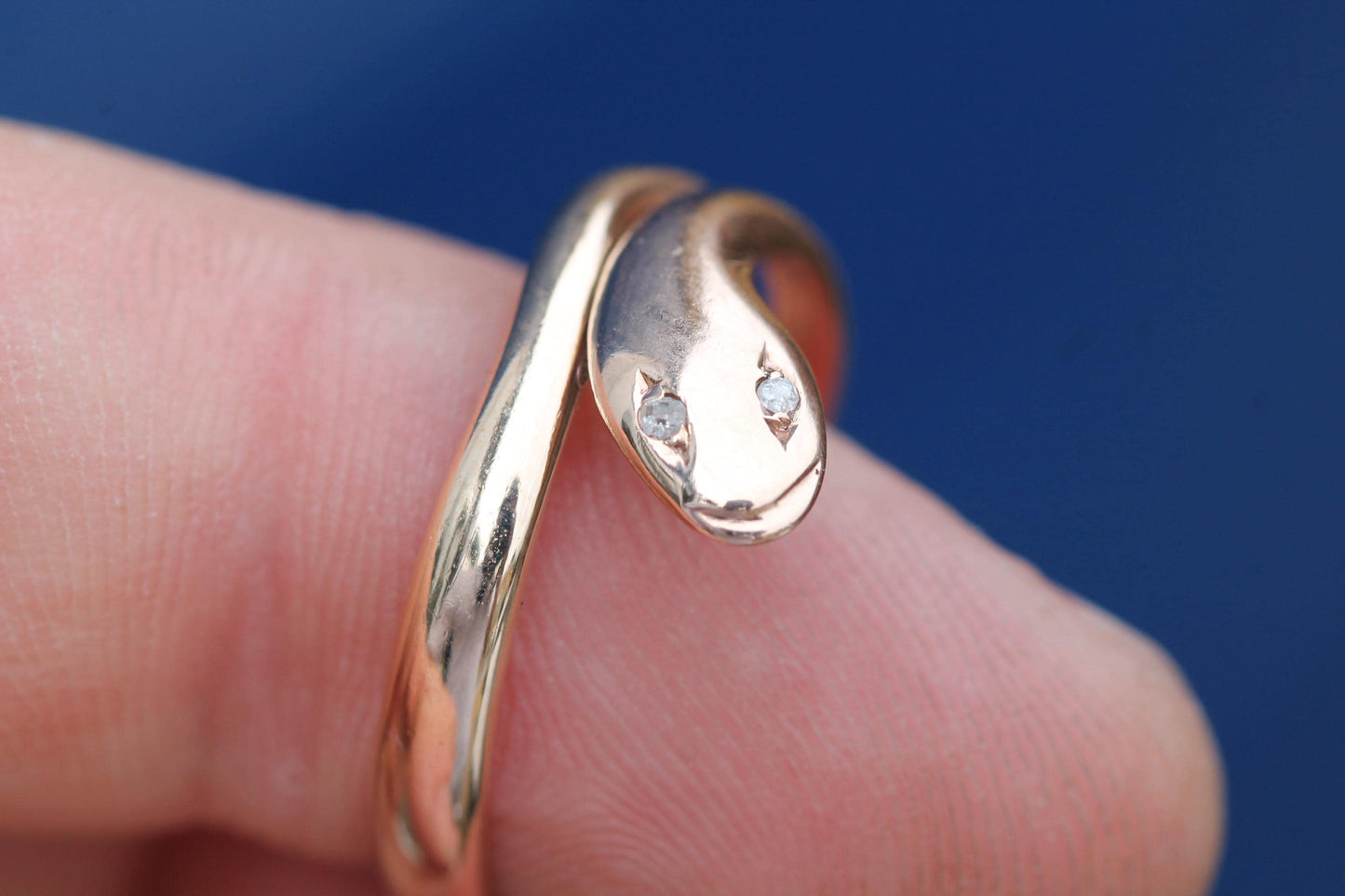 Antique 9ct Gold Snake Ring | Diamond Eyes | Coiled Serpent Ring | 1908