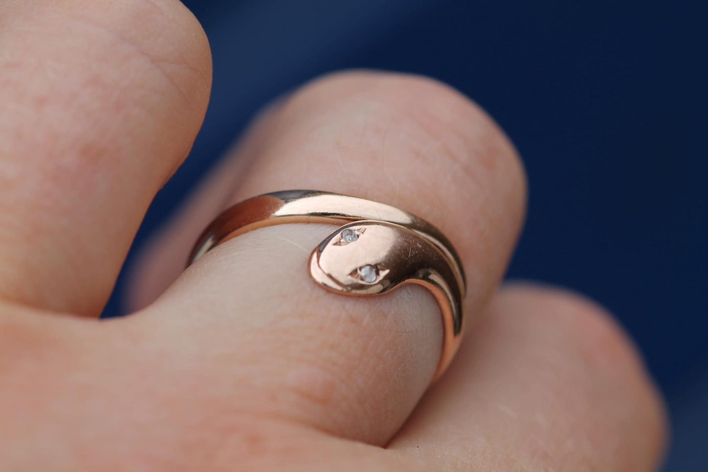 Antique 9ct Gold Snake Ring | Diamond Eyes | Coiled Serpent Ring | 1908