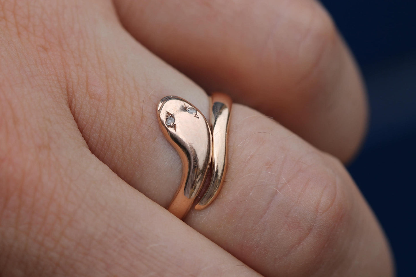 Antique 9ct Gold Snake Ring | Diamond Eyes | Coiled Serpent Ring | 1908