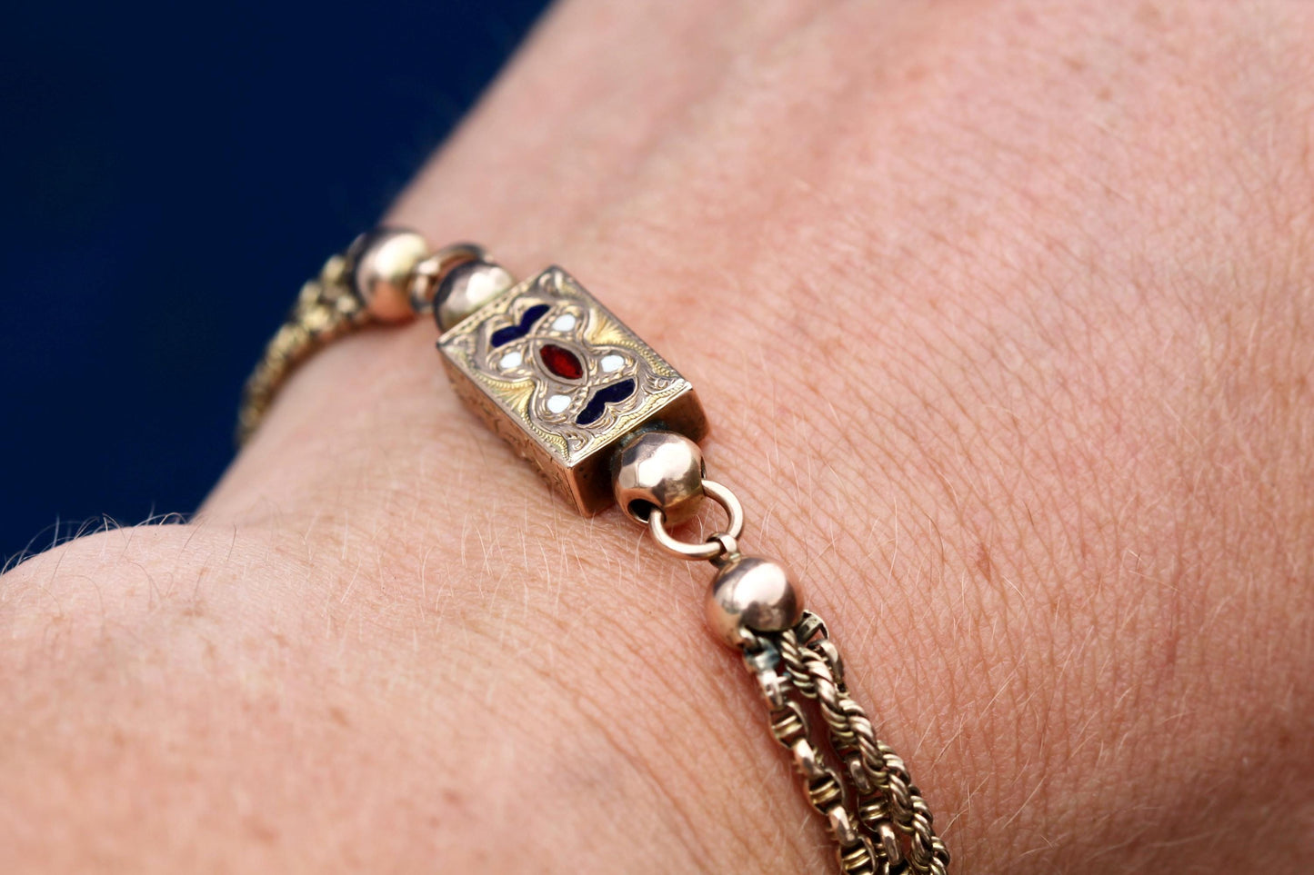 Antique 9ct Rose Gold Albertina Bracelet | Multi-Link Bracelet | Enamel Panel Albertina | 9"