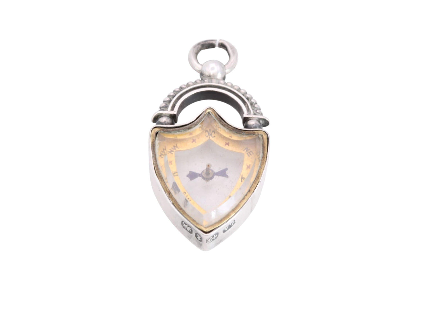 Antique Sterling Silver Compass Fob | Shield Compass Pendant | 1893