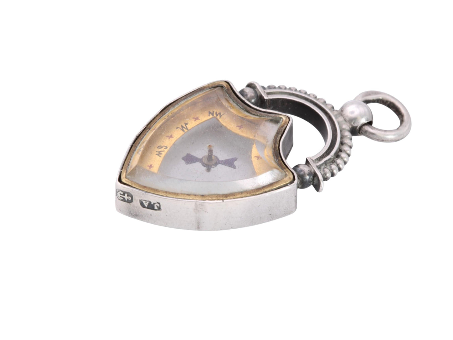 Antique Sterling Silver Compass Fob | Shield Compass Pendant | 1893