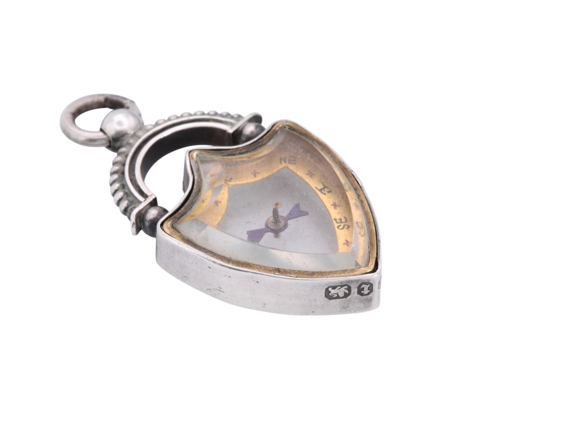 Antique-Sterling-Silver-Compass-Fob-|-Shield-Compass-Pendant-|-1893
