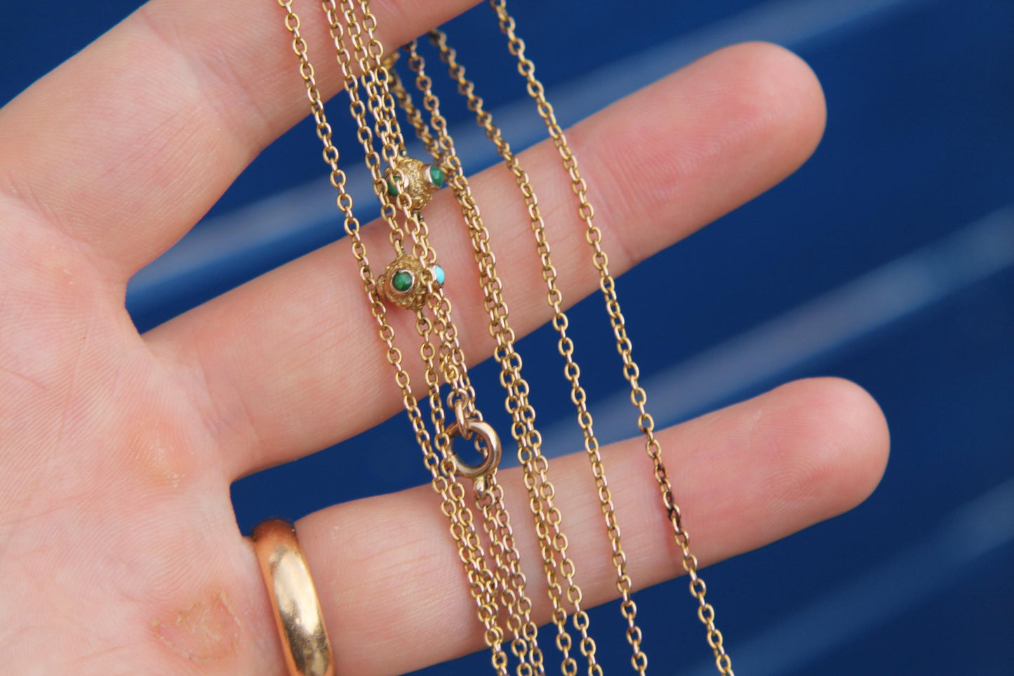 Antique 9ct Gold Turquoise Guard Chain | Edwardian Long Necklace | 54.5"