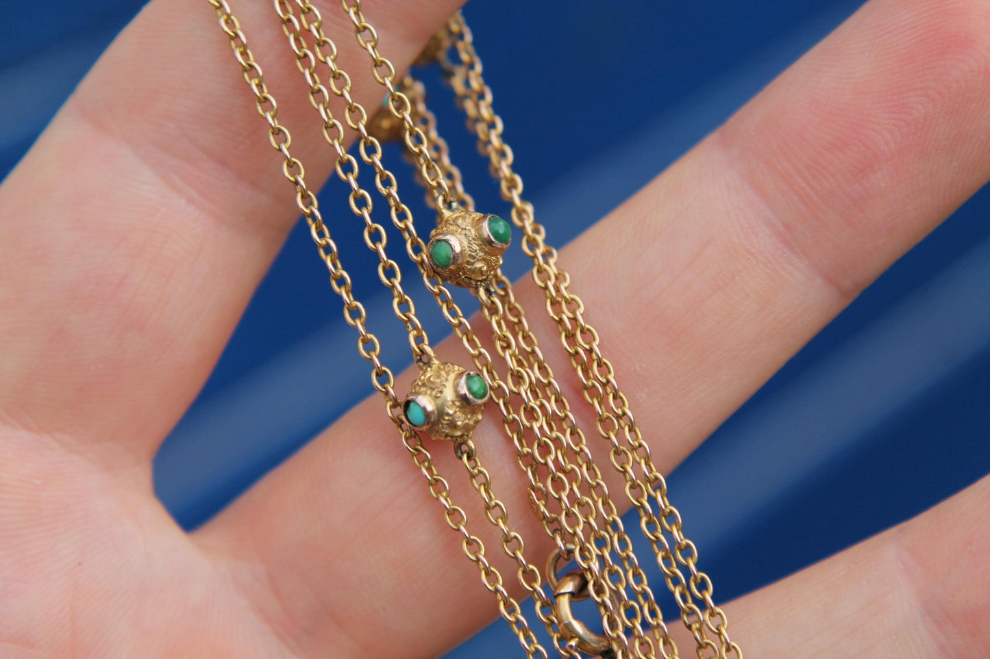 Antique 9ct Gold Turquoise Guard Chain | Edwardian Long Necklace | 54.5"