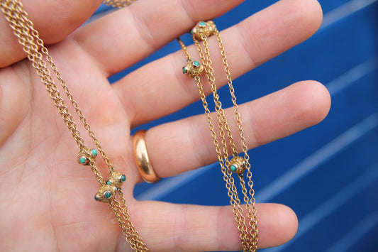 Antique 9ct Gold Turquoise Guard Chain | Edwardian Long Necklace | 54.5"