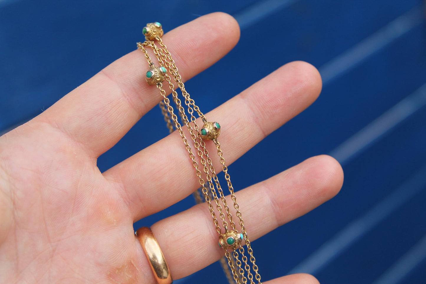 Antique 9ct Gold Turquoise Guard Chain | Edwardian Long Necklace | 54.5"